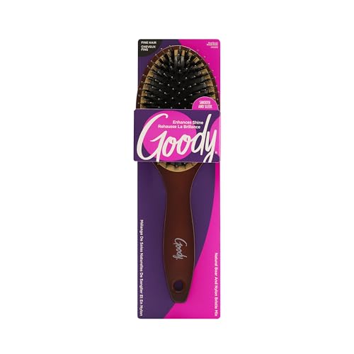 Goody Ceramic Hair Brush, Oval Cushion - Natural Boar and Nylon Bristle Mix to Enhance Shine & Smooth Hair, Fights Frizz and Static - Premium Wood