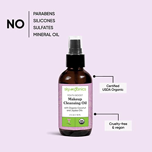 Sky Organics Youth Boost Makeup Cleansing Oil for Face USDA Certified Organic to Cleanse, Moisturize & Nourish, 4 fl. Oz