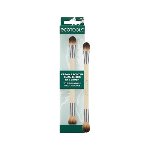 EcoTools Cream & Powder Dual-Ended Eye Brush, Flat & Fluffy Eyeshadow Brush for Packing, Blending & Full Eye Looks, Sustainable Makeup Brush, Vegan