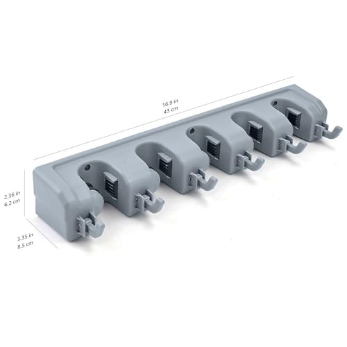 Amazon Basics Wall-Mount Broom & Mop Holder – Heavy-Duty Storage Organizer with Hooks & Slots for Home, Garage, Garden, Laundry, Gray
