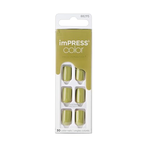 KISS Impress Color No Glue Mani 30 Pcs Press on Nails, Olive Green, Short Size, Squoval Shape, Simple Peel & Press Easy Apply, Hassle-Free Removal Beauty & Personal Care KISS