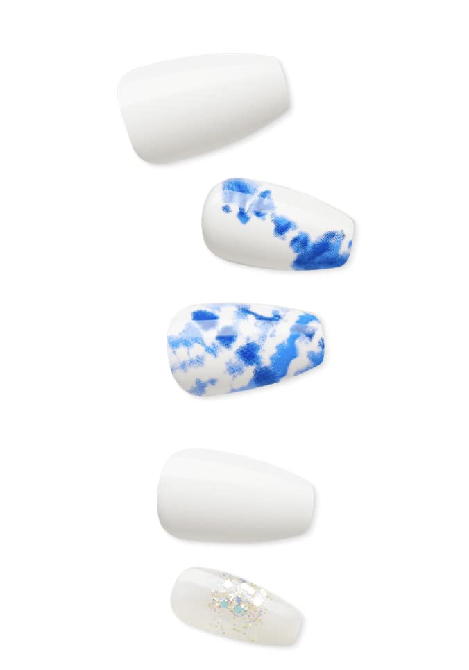 KISS Impress No Glue Mani 30 Pcs Press on Nails, White Nails with Glitter, Blue Tie-Dye Design, Medium Size, Coffin Shape Simple Peel & Press Easy Beauty & Personal Care KISS
