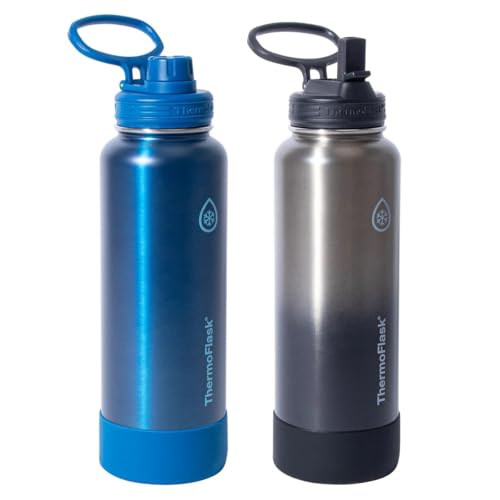 ThermoFlask Stainless Steel Water Bottle, 40 oz, 2-Pack (Silver/Blue Brushed)