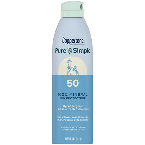 Coppertone Pure and Simple Zinc Oxide Mineral Sunscreen Spray SPF 50, Water Resistant, Broad Spectrum SPF 50 Sunscreen for Sensitive Skin, 5 Oz Spray