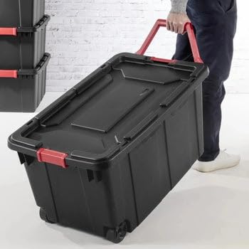 40 Gallon Wheeled Industrial Tote Plastic Storage Bin Black Set of 2