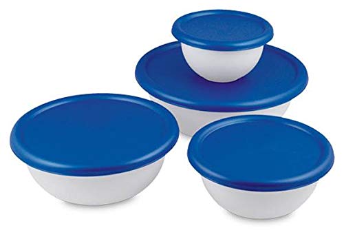Sterilite plastic 8 Piece Covered Set Bowl, Multisize, White & Blue,2.5 liters