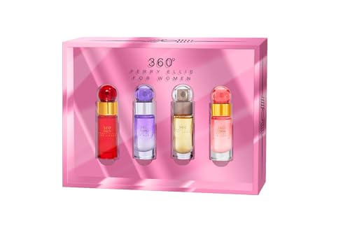 Perry Ellis 360° Women's Mini Gift Set - 360° Women, 360° Coral, 360° Purple, 360° Red (4-pack of .25 fl oz EDP mini travel sprays) - fresh, fruity,