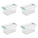 Sterilite Medium Clip Box, Stackable Small Storage Bin with Latching Lid, Plastic Container to Organize Office, Crafts, Clear Base and Lid, 4-Pack
