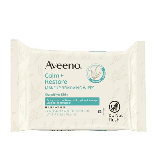 Aveeno Calm + Restore Unscented Makeup Remover Wipes for Face, Fragrance-Free Facial Towelettes with Oat Extract & Calming Feverfew, Sensitive Wipes Beauty and Personal Care Aveeno Default Title