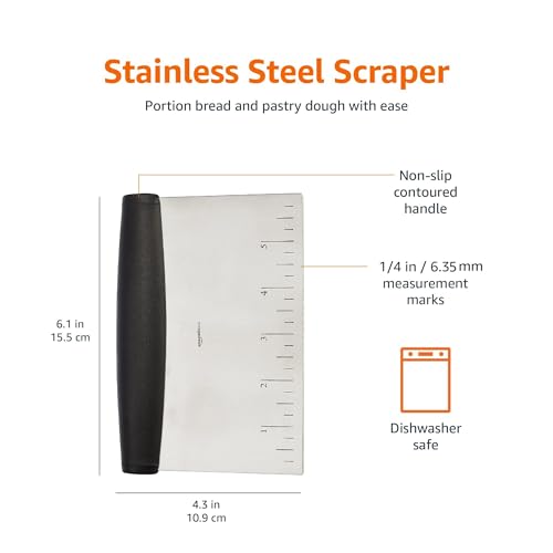 Amazon Basics Multi-Purpose Stainless Steel Scraper/Chopper with Contoured Grip, 6", Black, Silver