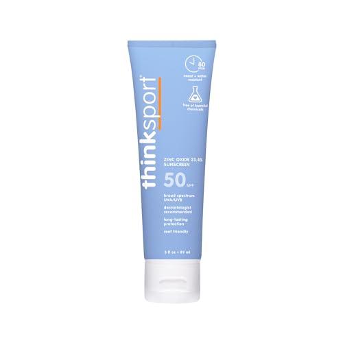 Thinksport SPF 50+ Mineral Sunscreen with Zinc Oxide, 3 Fl Oz - Safe, Natural Sunscreen Lotion for Sports & Active Use, Water Resistant Reef Safe