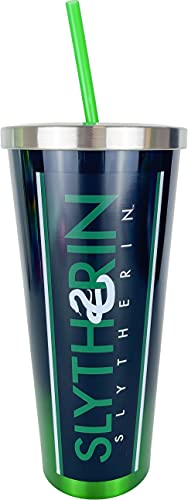 Spoontiques Harry Potter Stainless Steel Tumbler, 24oz - Double Wall Insulated Travel Cup with Straw - Slytherin