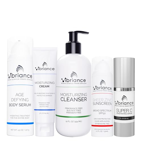 Vibriance Premium Skincare Bundle | Super C All-in-One Serum, Face Cleanser, Moisturizing Cream, Sheer Zinc Sunscreen SPF 50, Age Defying Body Creme