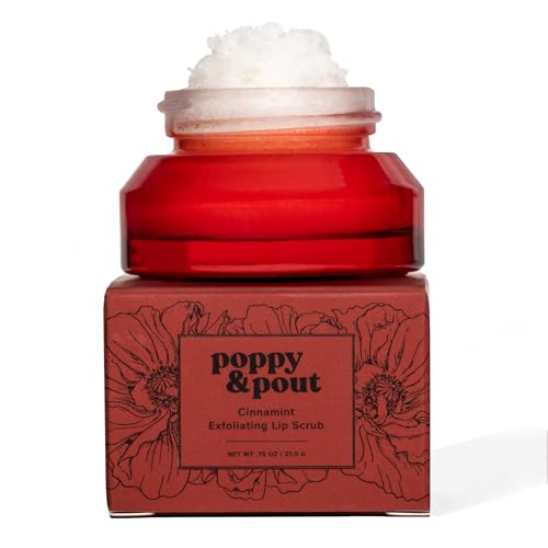 Poppy & Pout Natural Lip Scrub, Moisturizing Sugar Scrub for Dry Lips, Lip Scrubber Exfoliator with Essential Oils Smooths and Hydrates Lips, In