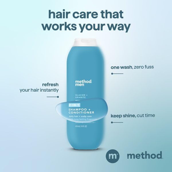 Method Men 2-in-1 Shampoo and Conditioner, Glacier + Granite - Cleans and Conditions with Argan and Jojoba Oil - Made without Parabens - 14 oz Beauty and Personal Care Method