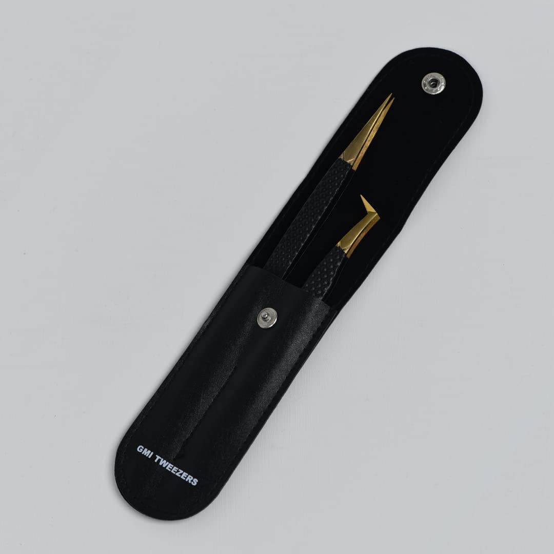 2pcs Black Straight and L-Shaped (Boot) Gold Pointed Eyelash Tweezers for Lash Extension - Stainless Steel Precision Tweezers for Volume and Classic
