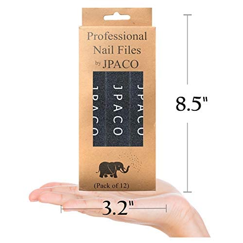 12-Pack Professional Nail Files: Double-Sided Emery Boards for Natural, Acrylic, Poly, and Gel Nails - Washable Black Manicure Tools Set by JPACO