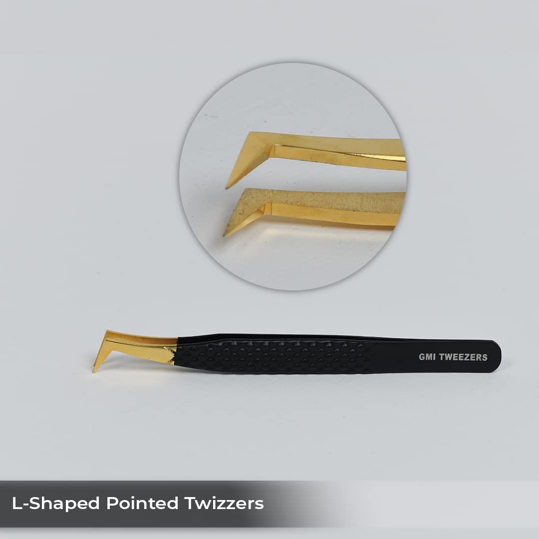 2pcs Black Straight and L-Shaped (Boot) Gold Pointed Eyelash Tweezers for Lash Extension - Stainless Steel Precision Tweezers for Volume and Classic