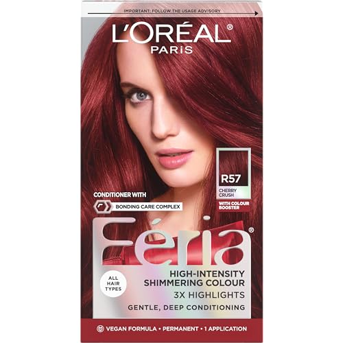 L'Oreal Paris Feria Multi-Faceted Shimmering Permanent Hair Color, R57 Cherry Crush (Intense Medium Auburn), Pack of 1 Hair Dye Kit