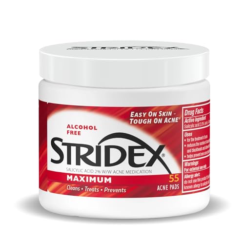Stridex Medicated Acne Pads, Maximum, 55 Count - Facial Cleansing Wipes, Alcohol Free, Acne Treatment for Face, For Moderate Acne, Smooth Application Beauty and Personal Care Stridex Default Title