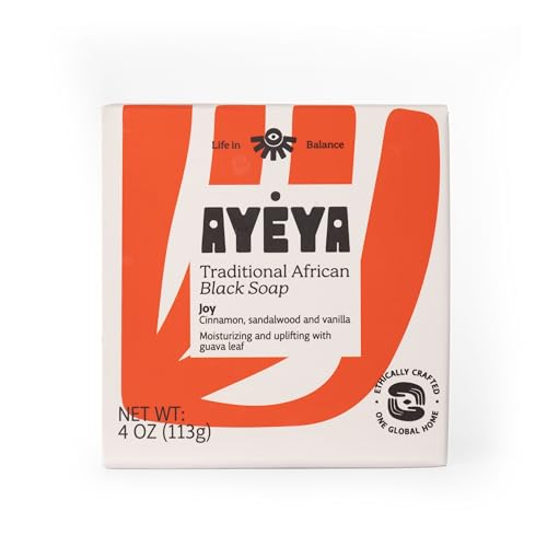 AYÉYA African Black Soap Bar, Cinnamon, Sandalwood & Vanilla (Joy) - Exfoliating Bar Soap for Dry, Combination, Sensitive, Acne-Prone Skin, 4 Oz