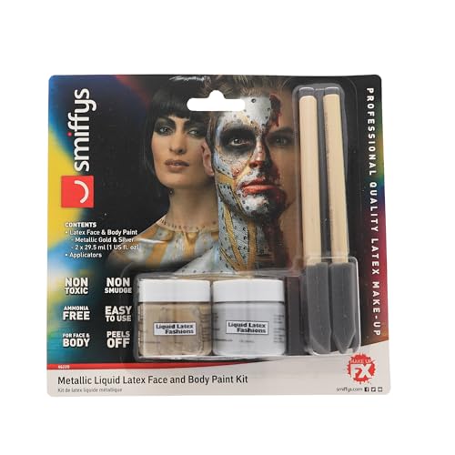 2-Pack Metallic Liquid Latex Kit - two 1 fl oz Gold & Silver, Includes 2 Precision Brushes, Perfect for SFX Makeup, Cosplay, Body Art & Nail Design