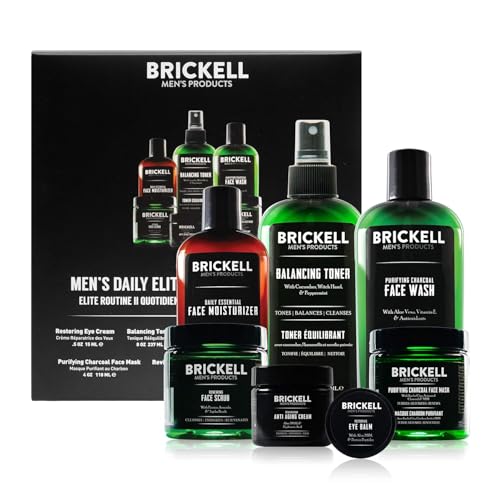 Brickell Men's Daily Elite Face Care Routine II, Toner, Charcoal Facial Wash, Face Scrub, Anti-Aging Night Cream, Eye Cream, Charcoal Mask