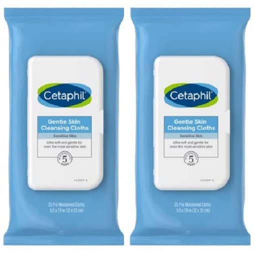 Cetaphil Face and Body Wipes, Gentle Skin Cleansing Cloths, 25 Count (Pack of 2), for Dry, Sensitive Skin, Flip Top Closure, Great for the Gym