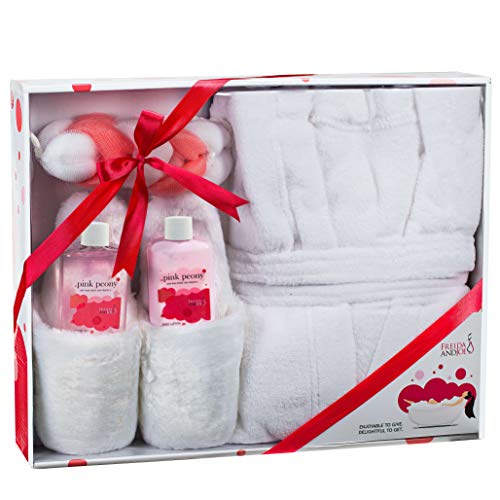 Luxury Home Spa Gift Basket with Pink Peony Scent - Indulgent Ultra Soft Bathrobe & Plush Slipper Spa Box for Women - Complete Bath & Body Set Luxury