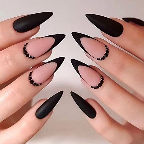 IMSOHOT Medium Press on Nails Almond Matte Black Fake Nails French Tips Acrylic False Nails with Rhinestone Designs