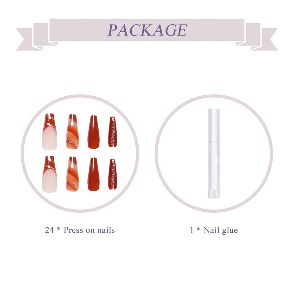 BABALAL Press on False Nails Full Cover Glue Stick on Fake Nails - Long Coffin, Brown Fall Acrylic, 24Pcs, Bling Glossy Manicure for Women and Girls