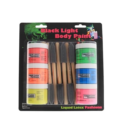 Liquid Latex Black Light Body Paint Kit - 6 UV Reactive Colors + 6 Brushes, Red, Orange, Yellow, Pink, Green, and Blue, Body Paint for Parties, Raves
