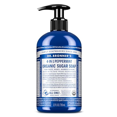 Dr. Bronner's - Organic Sugar Soap (Peppermint, 12 oz) - Made with Organic Oils, Sugar & Shikakai Powder, 4-in-1 Uses: Hands, Body, Face & Hair