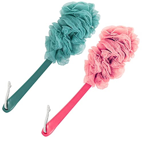 Evmliy 2Pack Back Scrubber for Shower, Loofah Sponge Brush Exfoliating Body, Long Handle Scrub Brush for Shower with Loofah on a Stick for Back Use