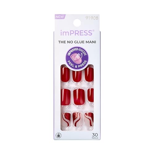 Kiss Impress Design Press On Nails, ‘Endlessly’, Red, Short Squoval, PureFit Technology, Chip Proof, Smudge Proof, Waterproof, Nail File, Manicure Beauty & Personal Care imPRESS