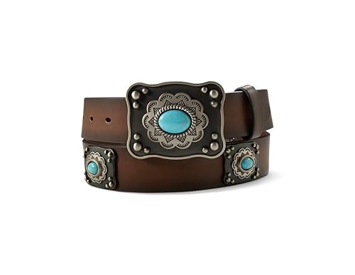 ARIAT Western Womens Belt Leather Square Conchos Turquoise Stones Brown, Large