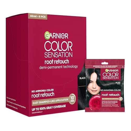 Garnier Color Sensation Root Retouch, Demi Permanent Hair Dye for Roots with 100% Gray Coverage and No Ammonia, Black Hair Dye 1.0, Pack of 6