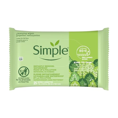 Simple Kind to Skin Facial Wipes Gentle and Effective Makeup Remover Cleansing Free from color and dye artificial perfume and harsh chemicals 25 Wipes