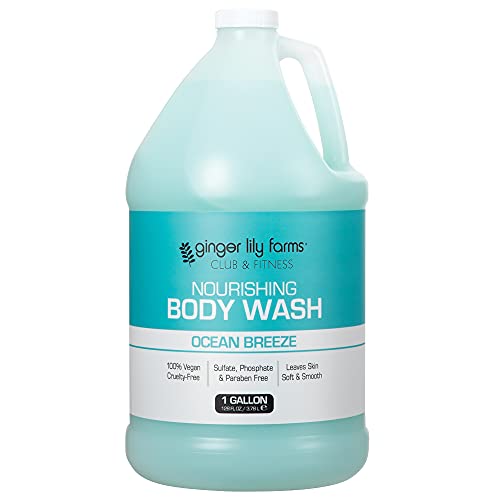 Ginger Lily Farms Club & Fitness Nourishing Body Wash, 100% Vegan & Cruelty-Free, Bath & Shower Gel for Men and Women, Ocean Breeze Scent, 1 Gallon
