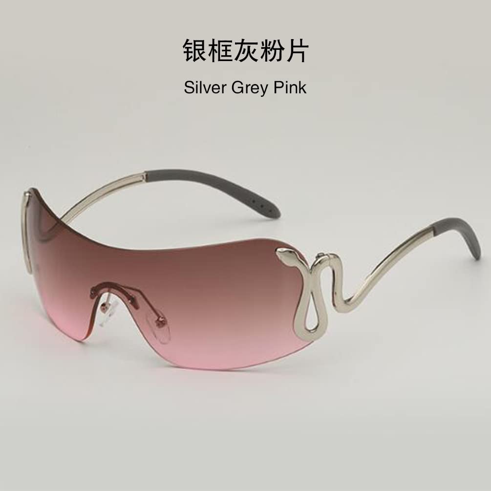 One-piece Metal Frameless Sunglasses With Personalized Snake Design Fashionable Sunglasses For Men and Women (Silver Frame Gray Powder Flake)