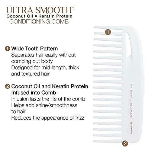 Cricket Ultra Smooth Coconut Conditioning Comb - Infused with Coconut Oil & Keratin for Frizz-Free Shine and Hydration, Ideal for Mid-Length, Thick