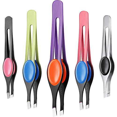 Chumia 5 Pieces Non-Slip Grip Tweezers Slanted Tip Stainless Steel Tweezer Wide Precision Tip Clip Tweezer for Ingrown Hair Eyebrow Shaping Splinter
