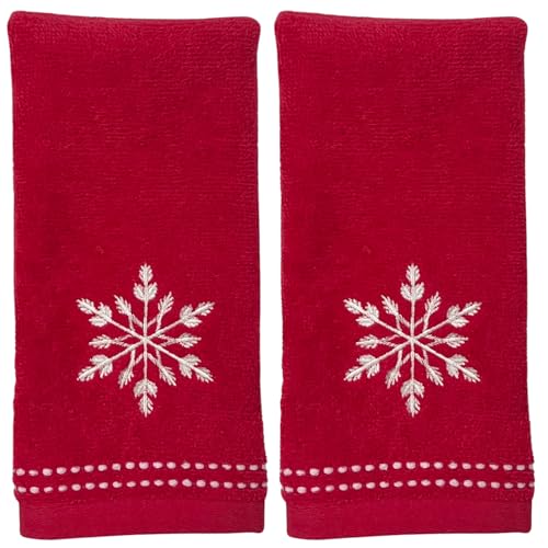 Serafina Home Christmas Bath Fingertip Towels, Red with White Embroidered Snowflake, 2 Piece Set, 12 x 18 inches, 100% Cotton,for bathrooms & Kitchens