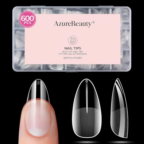 Medium Almond Nail Tips 600pcs 15 Size, Pre Etched Soft Gel Nail Tips Acrylic Fake Nails Half Matte Full Cover Clear Press On False Nail Extensions Beauty and Personal Care AZUREBEAUTY Default Title
