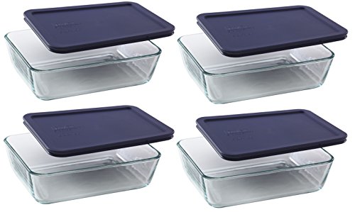 Pyrex 7211 6-Cup Glass Dish & 7211-PC Dark Blue Lid (4-Pack) - Made in USA