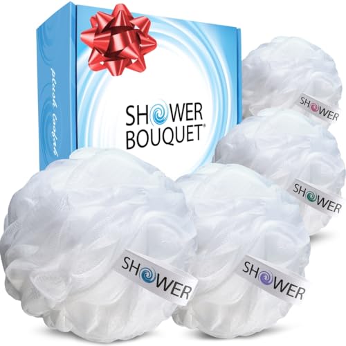 SHOWER BOUQUET Loofah Soft-White-Cloud XL Bath-Sponge 4-Pack // Extra Large 75g Mesh Loofa Lufa Pouf Set for Men and Women - Exfoliate with Big Gentle