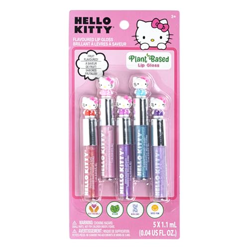 Hello Kitty 5 Pc Plant Based, Moisturizing Lip Gloss Makeup Set for Girls Kids Toddlers, Perfect for Parties Sleepovers Makeovers Birthday Gift for