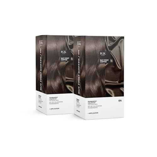 IGK Permanent Hair Color Kit | 6N But First Coffee - Light Natural Brown | 100% Gray Color Coverage + Strengthen + Shine | Ammonia Free