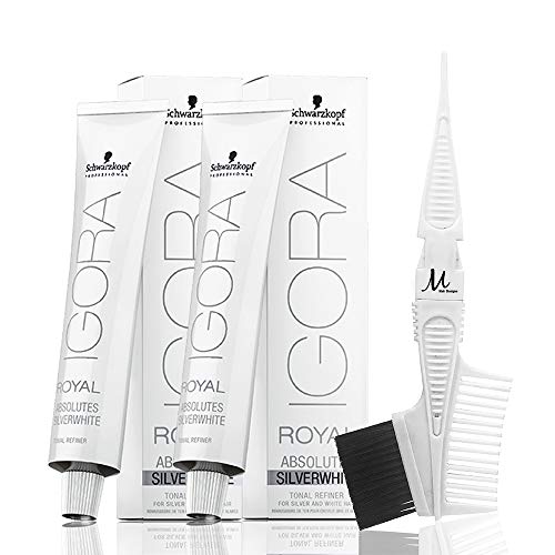Igora Royal Absolutes SilverWhite Tonal Refiner GREY LILAC 60 ml each and M Hair Designs Tint Brush Comb (Bundle 3 items)