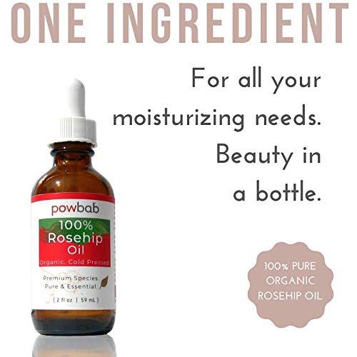 powbab 100% Rosehip Oil - Organic, Cold Pressed from Premium Rosa Rubiginosa Rosehip Seed. Face and Body Oil for Skin, Hair, Nail Repair. Raw Pure E